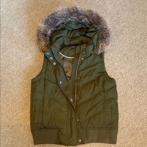 Gap Green Puffer Vest with Faux Fur Hood
